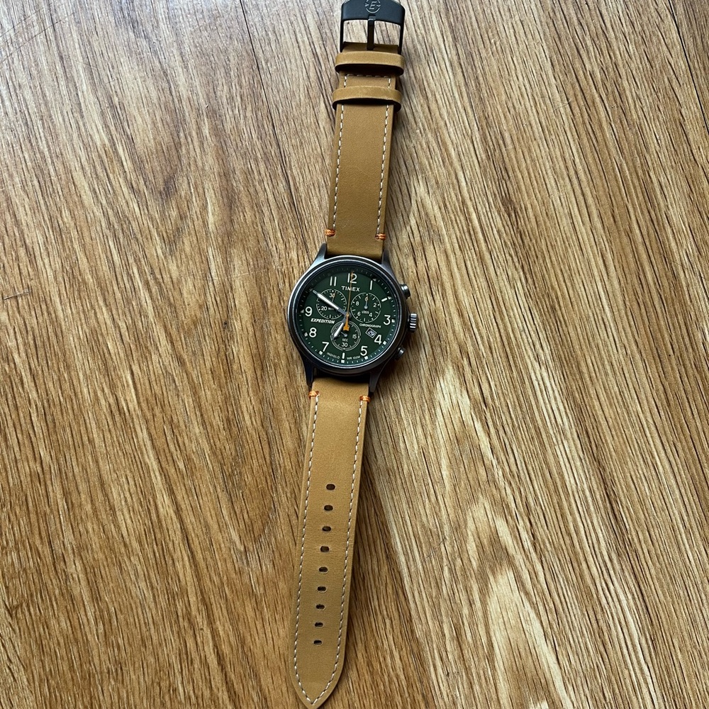 Tan Leather Strap Watch with Green Dial